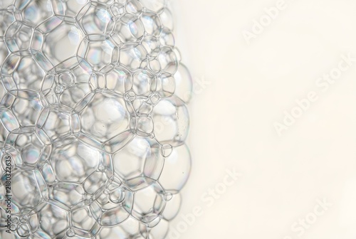 transparent soap bubbles floating together in a natural cluster concentrated along one side of the frame with the opposite side intentionally uncluttered and open for copy space

