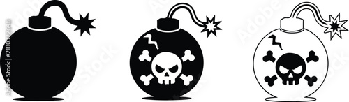 Exploding bomb icons with skull and crossbones isolated on white background
