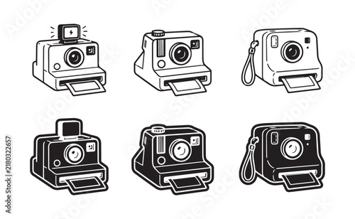 Vintage instant cameras flat line art illustration isolated on white background
