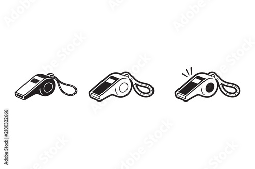 Whistle with lanyard in three different states isolated on white background