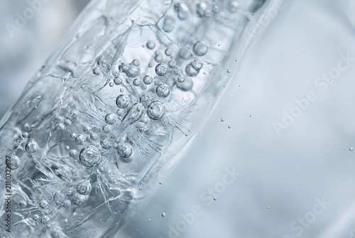 tiny air bubbles naturally trapped beneath a translucent sheet of clear ice, clusters of bubbles and delicate frost formations with generous copy space
