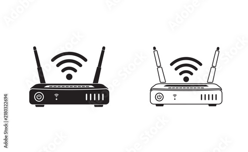 Wireless routers with strong signal icons isolated on white background