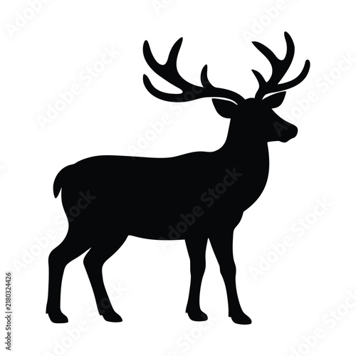 Black silhouette deer with antlers standing isolated on white background