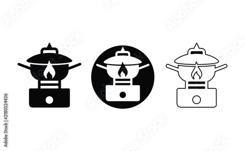Three camping stove icons with pots and flames isolated on white background