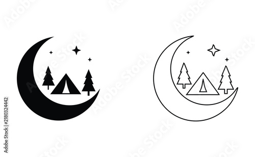 Camping under crescent moon with stars and forest isolated on white background