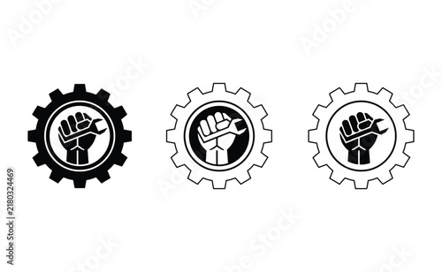 Fist inside gear icon symbolizing protest or strength isolated on white background