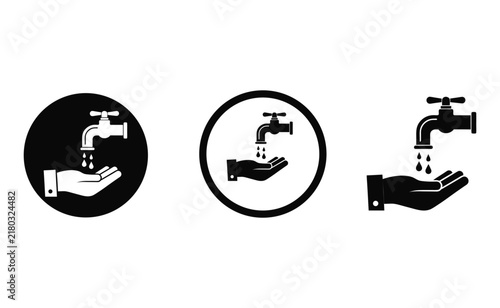 Hand washing water from faucet icons set isolated on white background
