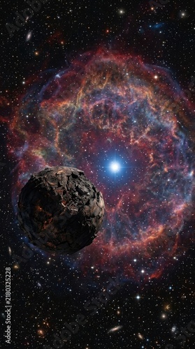 Dead planet floating near glowing supernova remnant, scorched celestial sphere drifting inside vast galactic graveyard, burnt rocky world orbiting bright star in deep space cosmic background.