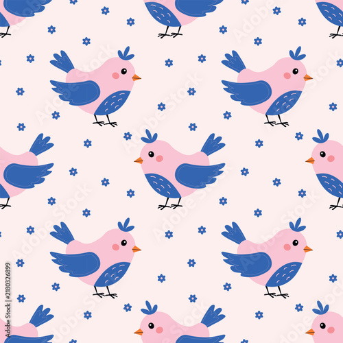 Seamless pattern with pink birds and blue wings surrounded by small flowers on light background. Cute spring avian backdrop ideal for nursery textiles, baby clothing, and gift wrapping paper