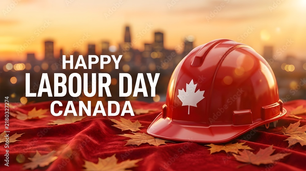 Obraz premium Red construction hard hat with canadian maple leaf symbol celebrating labour day in canada at sunset