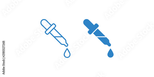 Konstfotografi Two blue droppers, one outlined and one solid, dispensing a single drop of liquid for scientific and medical use