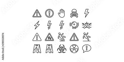 Cuadro en lienzo Set of black outline safety warning icons for industrial hazard communication and workplace risk mitigation information