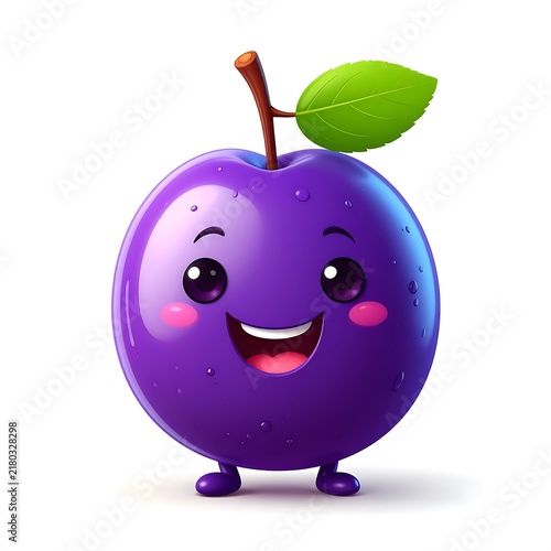 Happy purple cartoon character with green leaf on head.