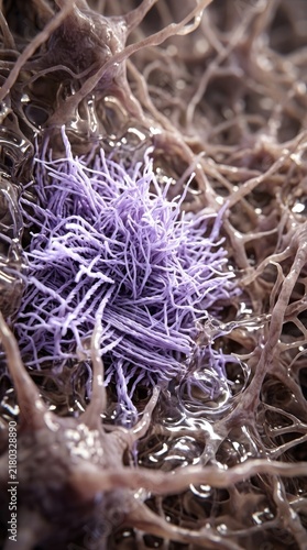 Amyloid plaque aggregation, misfolded protein cluster aggregating into dense fibrous fibril structure across extracellular neural matrix, showing age related neurodegenerative disease pathology.