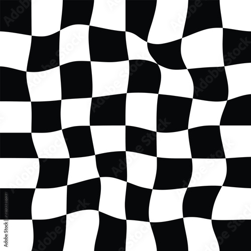 Abstract Black and White Wavy Checkerboard Pattern with Distorted Grid, Retro Optical Illusion and Seamless Geometric Background