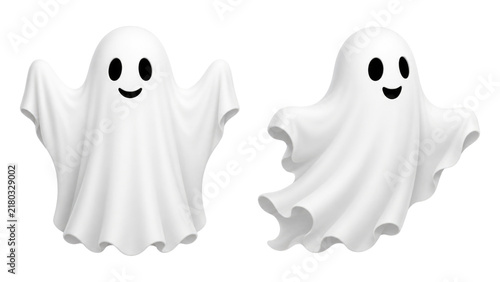 Two smiling white sheet ghosts floating on a transparent background, cute cartoon Halloween illustration