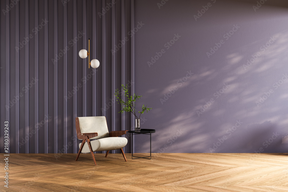 Fototapeta premium Blank wall mockup empty room interior modern purple wall chevron floor armchair