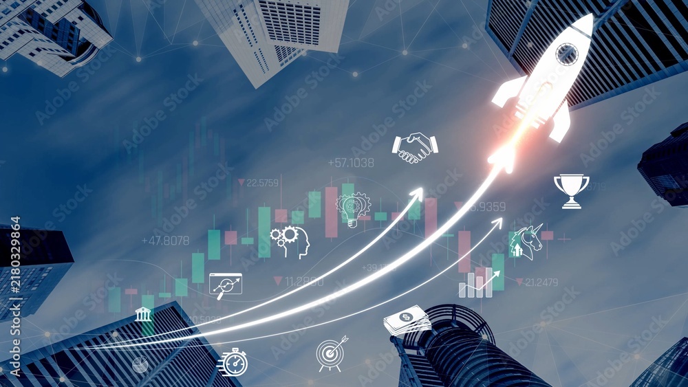 Obraz premium Innovative Business Growth Concept with Rocket Launching, Financial Charts and Modern Skyscrapers Representing Success in Technology and Investment Sigmoid