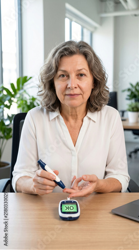 Mature woman with diabetes measuring blood sugar level with lancet pen and glucometer showing ok result at home. Health monitoring and glucose test concept. World diabetes day awareness.