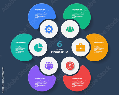 Modern 6 options circular infographic template with colorful shapes, business icons, and clean text areas for presentations, strategy, and data visualization.