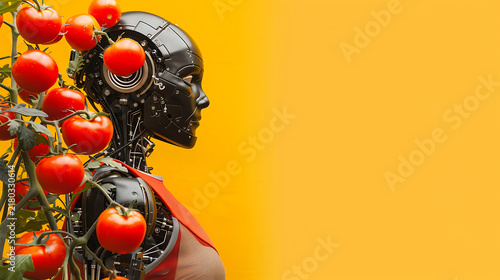 Obraz na płótnie Humanoid Robot with Tomatoes on Yellow Background