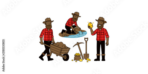 Foto Prospector digging for gold with panning equipment and mining tools, illustrating mining and wealth discovery