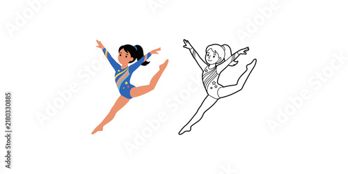 Obraz na plátně Young girl gymnast performing dynamic split leap in colorful leotard with stars and outline sketch on transparent background