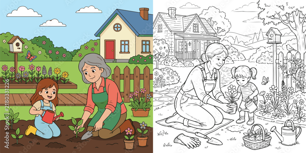 Fototapeta premium young granddaughter carefully helps her grandmother plant flower seedlings educational cartoon print illustration vector clipart and line art colouring book for kids drawn hand drawn.