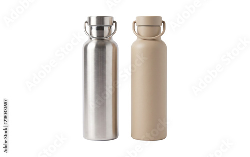 Two reusable water bottles, one silver and one beige, for hydration and eco-friendly living.