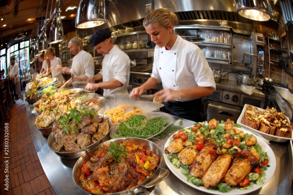 Obraz premium Chefs Preparing Dishes in a Restaurant Kitchen