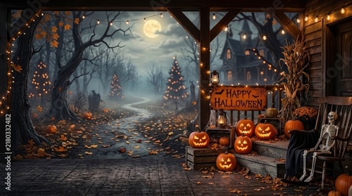 Halloween decorated porch with glowing jackolantern pumpkins and skeleton at night