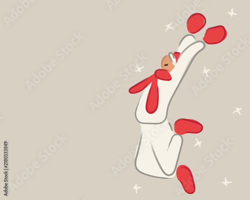 happy person jumping with raised hands in winter snow
