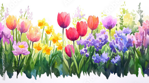 Vibrant watercolor painting of blooming flowers including tulips, daffodils, and other colorful blossoms, creating cheerful garden scene