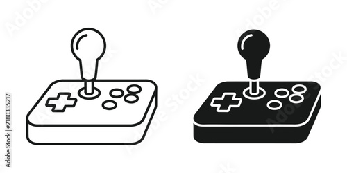 Retro arcade joystick in outline and solid black on a white background