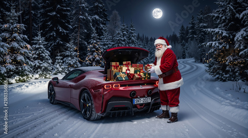 Santa Claus packing christmas gifts into the trunk of a red sports car in snowy forest
