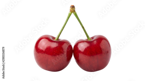 Foto Pair of ripe red cherries with stems transparent background