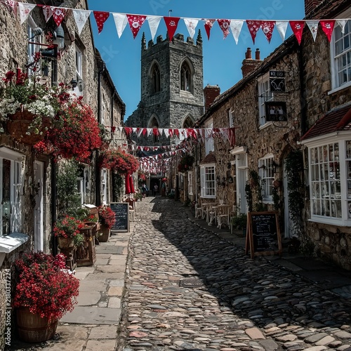 Charming cobblestone street adorned with festive decorations and blooming flowers in a historic English village on a sunny day