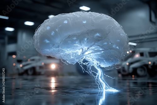 Striking fusion of human intellect and technology emerges in a futuristic laboratory with a glowing brain showcasing electrical energy at work