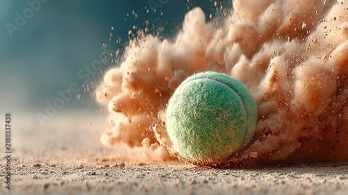 Dust swirls as a vibrant green tennis ball bounces away from a dusty court, capturing the dynamic energy of an intense match in bright sunlight