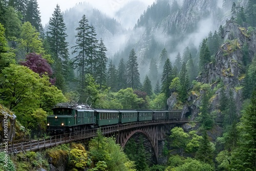 Vintage train traverses a misty mountain bridge surrounded by rich greenery and towering trees in a serene landscape setting