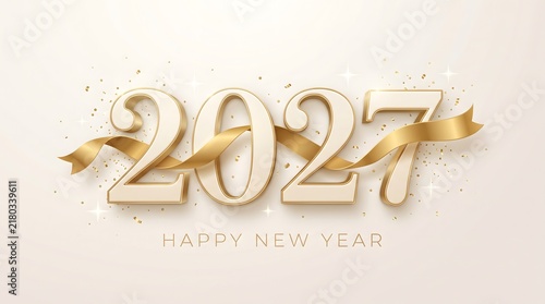 Elegant golden 2027 new year greeting card design featuring shiny metallic numbers wrapped in decorative flowing ribbons on a soft neutral beige background