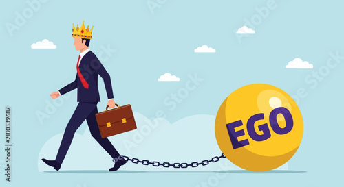 Canvas Print Businessman wearing a crown, walking with a heavy 'ego' ball chained to his ankle, illustrating the burden and hindrance of ego in business
