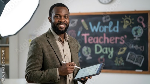Black teacher holding tablet by World Teachers Day chalkboard.
