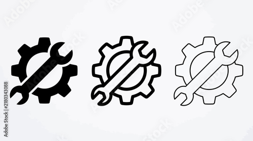 Set of wrench and gear icons for settings, repair, maintenance and technical services in solid, outline and linear styles on light background