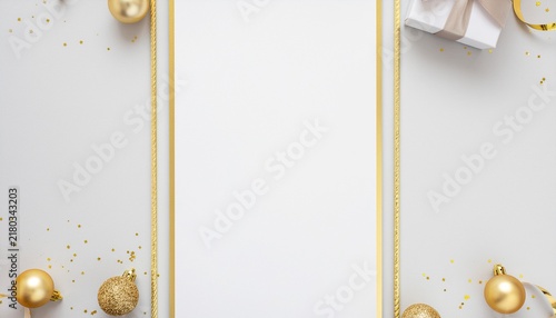 Elegant Christmas card mockup with golden frame and ornaments.