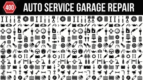 Large set of 400 auto service garage repair icons with tools, car parts and mechanic equipment in flat monochrome style