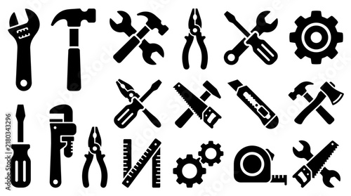 Set of black silhouette hand tools icons for construction, repair and DIY maintenance design