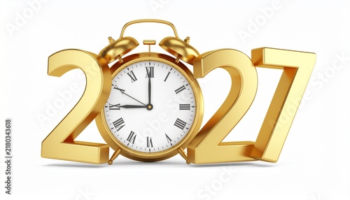 Golden 2027 Year Sign with Alarm Clock Isolated on White Background.