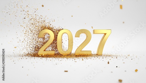 Golden 2027 Year Numbers With Glittering Confetti Particles on White Background.