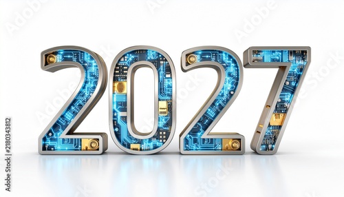 Three dimensional metallic 2027 year numbers with digital circuit board patterns.